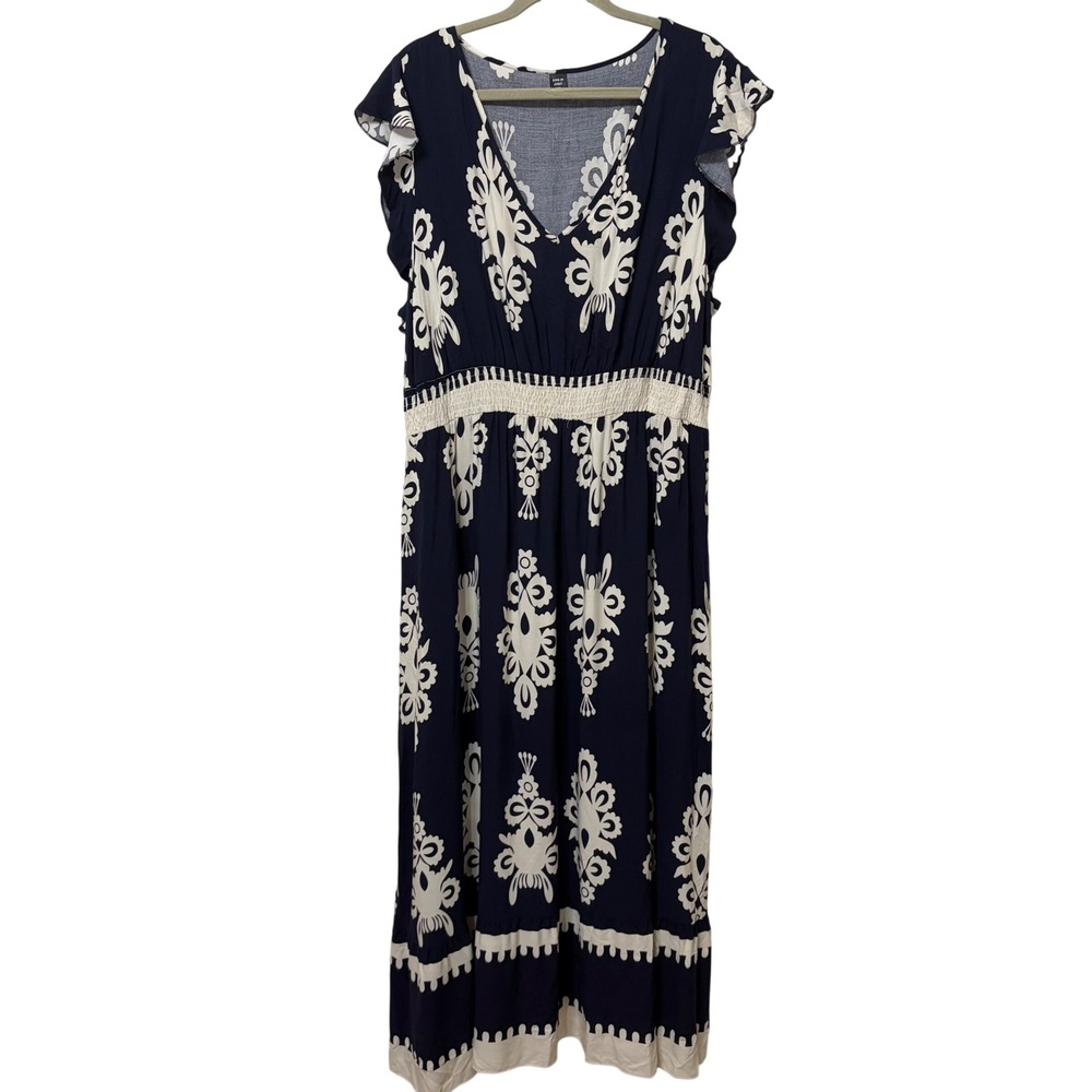 SHEIN Curve Navy Blue White Damask Medallion Smocked Maxi Dress 4XL C11GYR6W8